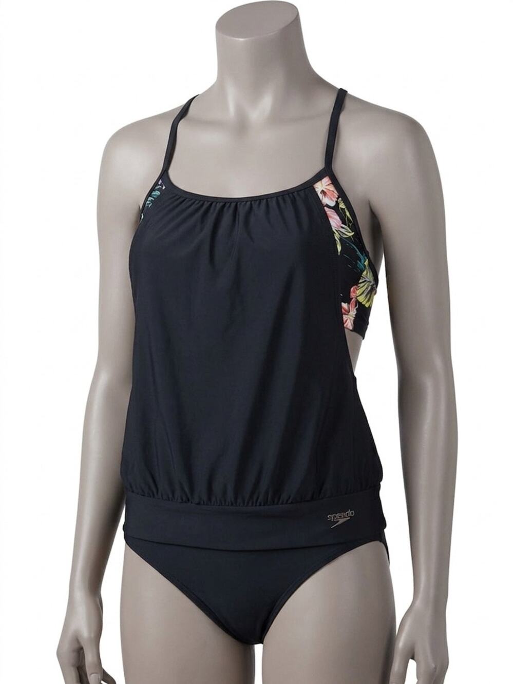 NWT Speedo Powerflex Tankini Top L Black Floral Athletic Swimwear Built In Bra